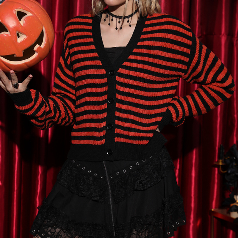 Women's Pumpkin Striped V-Neck Knit Cardigan Long Sleeve Casual Sweater