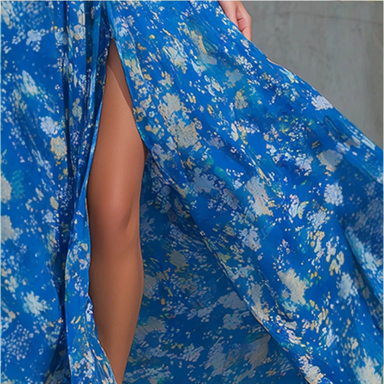 Elegant Vintage Print Blue V-Neck Sheer Dress