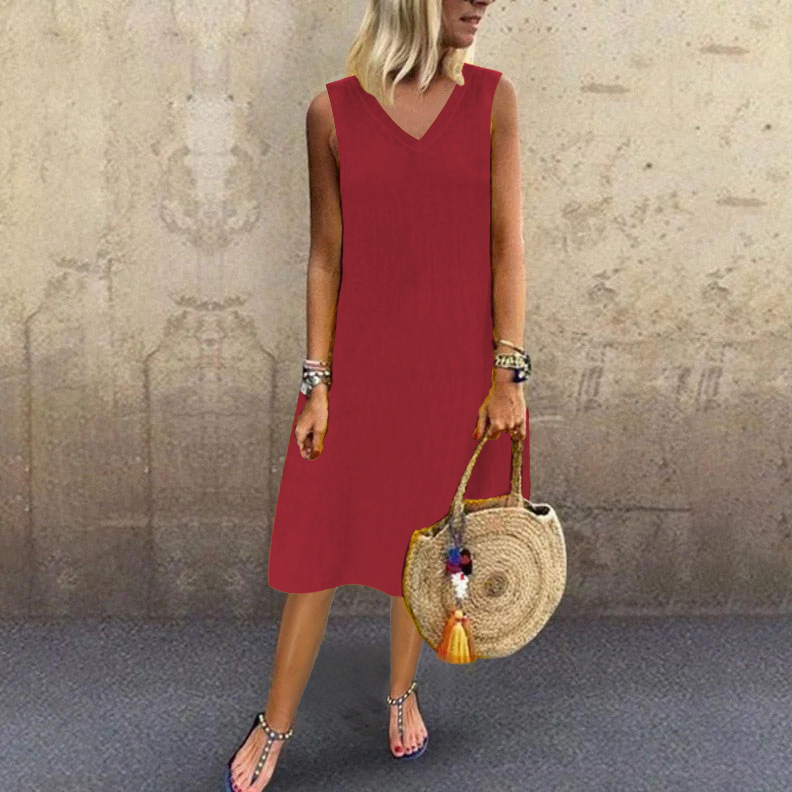 V-Neck Sleeveless A-Line Midi Dress Cotton Linen Casual