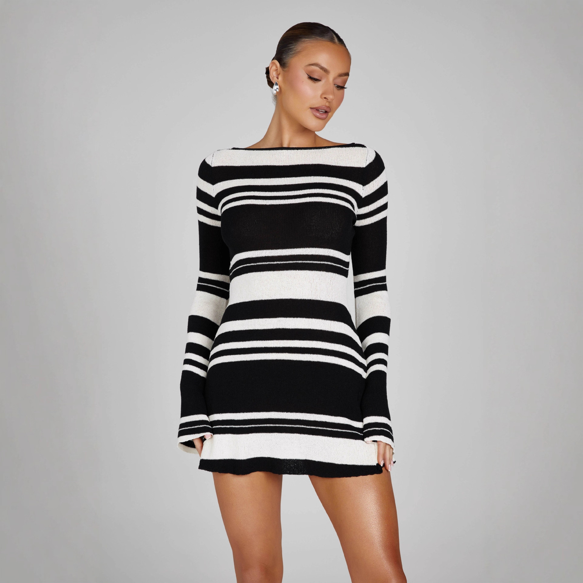 Striped Knit Bodycon Dress with Bell Sleeves and Open Back