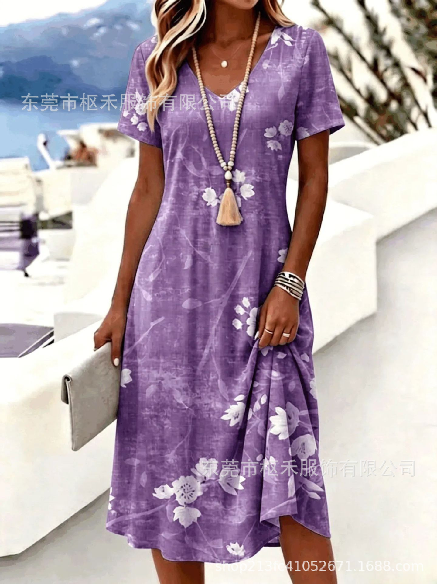 Women's Vintage Blue Print V-Neck Short Sleeve Midi Dress