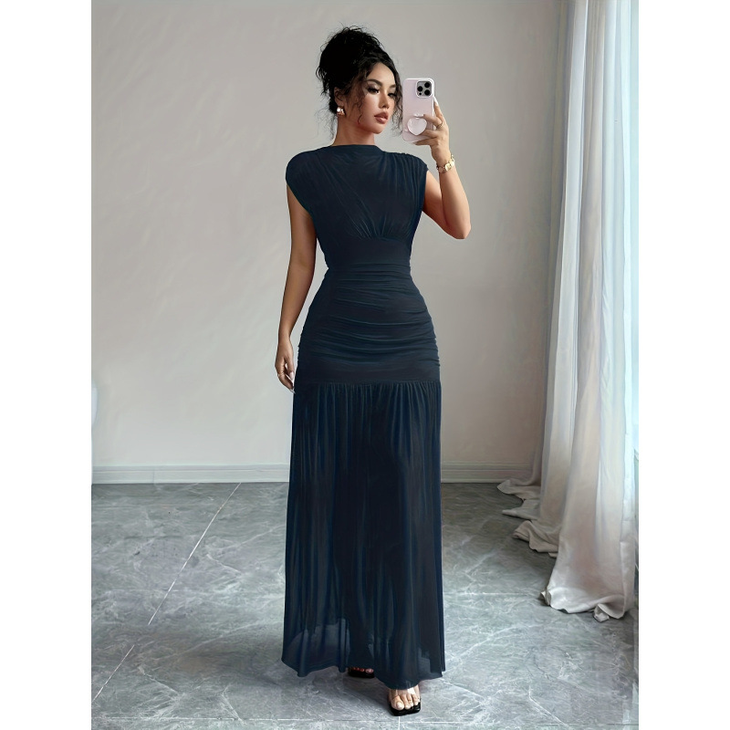 Women's Boat Neck Sleeveless Cutout Mesh Ruched Waist Long Dress
