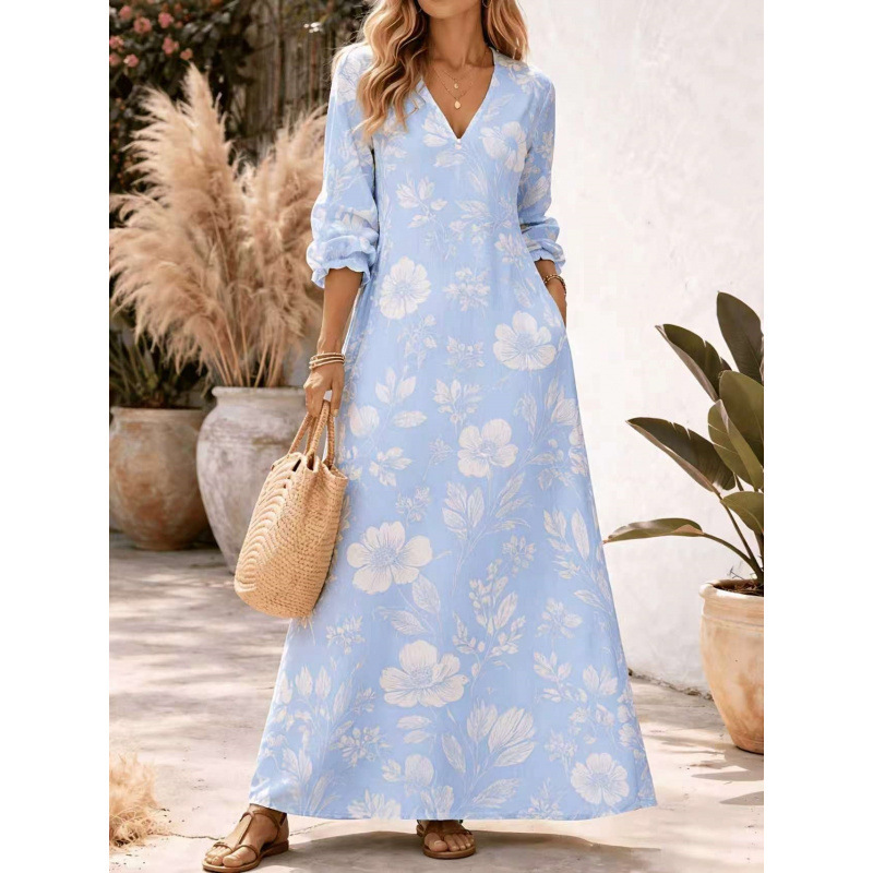 V-Neck Long Sleeve Floral Print Polyester Dress