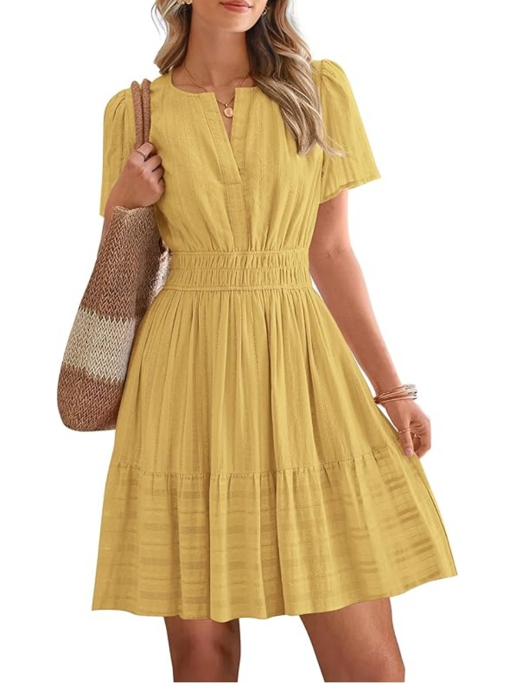 V-Neck Ruched Puff Sleeve Flared Short Sleeve Dress