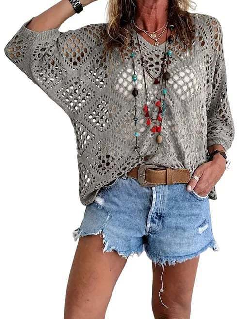 V-Neck Diamond Openwork Batwing Sleeve Knit Sweater Top