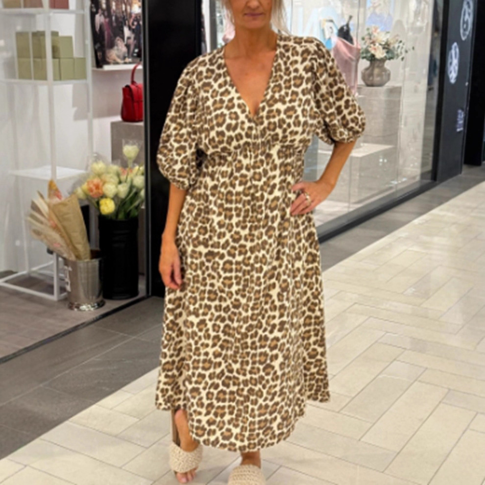Women's Floral Print Deep V-Neck 3/4 Sleeve Waist-Cinched Loose Dress
