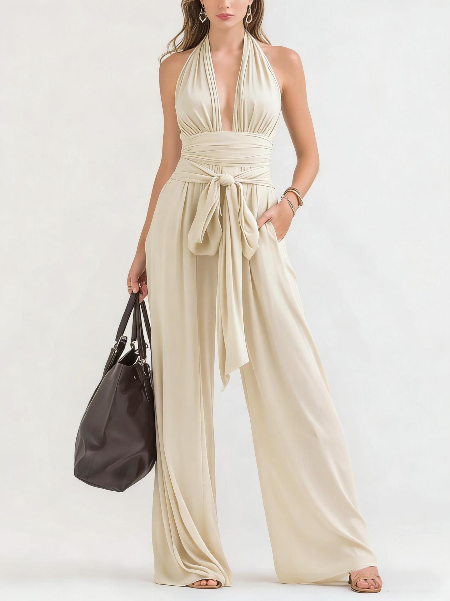 Elegant Halter V-Neck Long Sleeveless Jumpsuit Solid Color