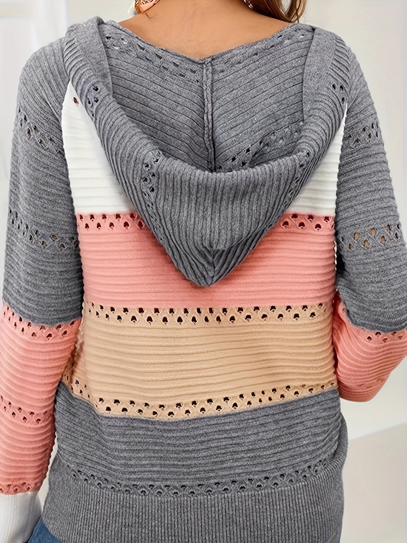 V-Neck Striped Hooded Knit Pullover Women's Color-Block Hollow-Out Sweater