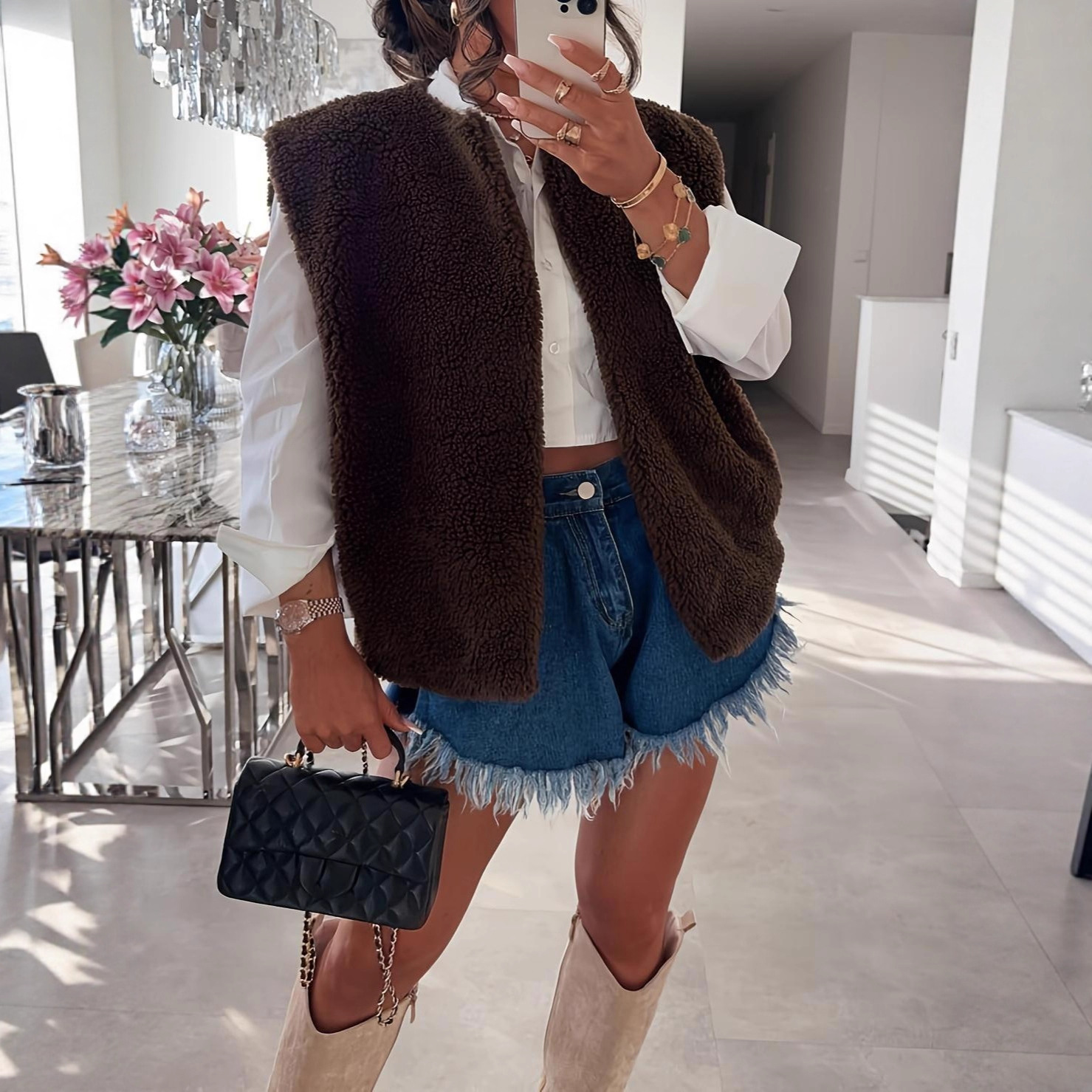 Solid Sleeveless Fuzzy Vest