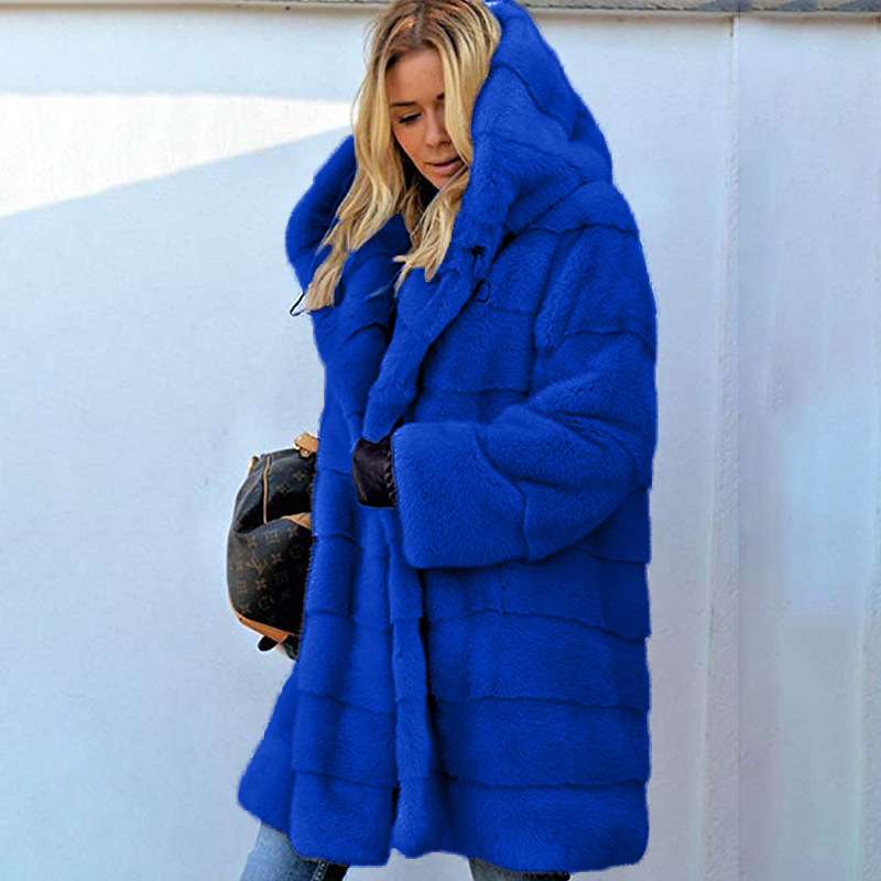 Mid-Length Solid Faux Fur Hooded Coat Loose Warm Casual