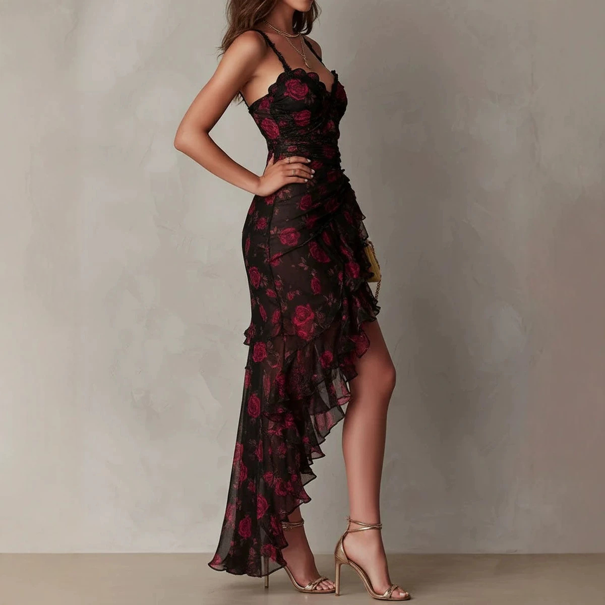Black Floral Sleeveless Ruffle Midi Dress