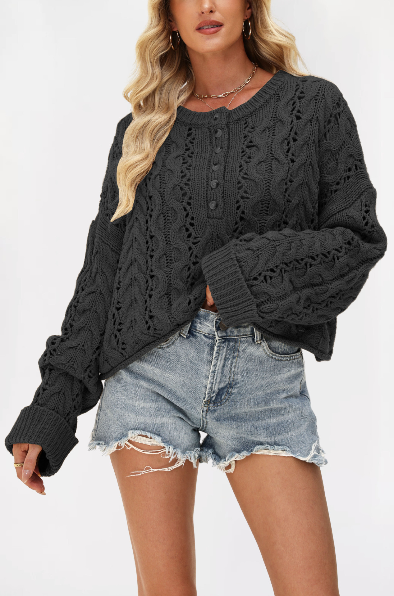 Button-Front Cable-Knit Cropped Sweater