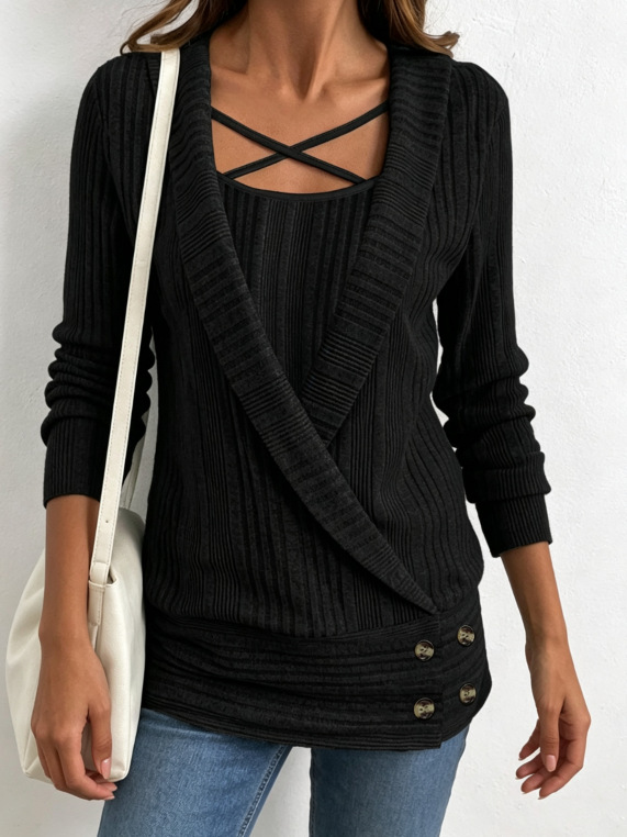 Women's Plus Size Cross Strap Faux Two-Piece Ribbed Knit Long Sleeve Top