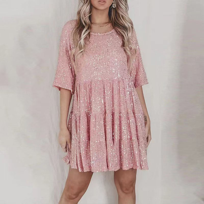 Sequin Round Neck Loose Short Sleeve Midi Dress for Parties and Evening
