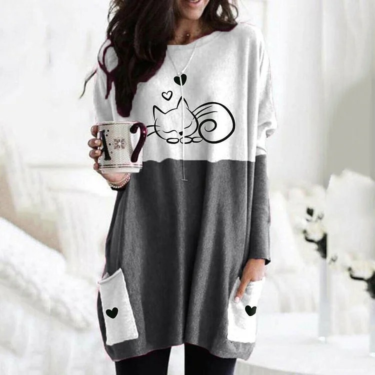 Women's Animal Print A-Line Midi Dress Long Sleeve Crew Neck Casual