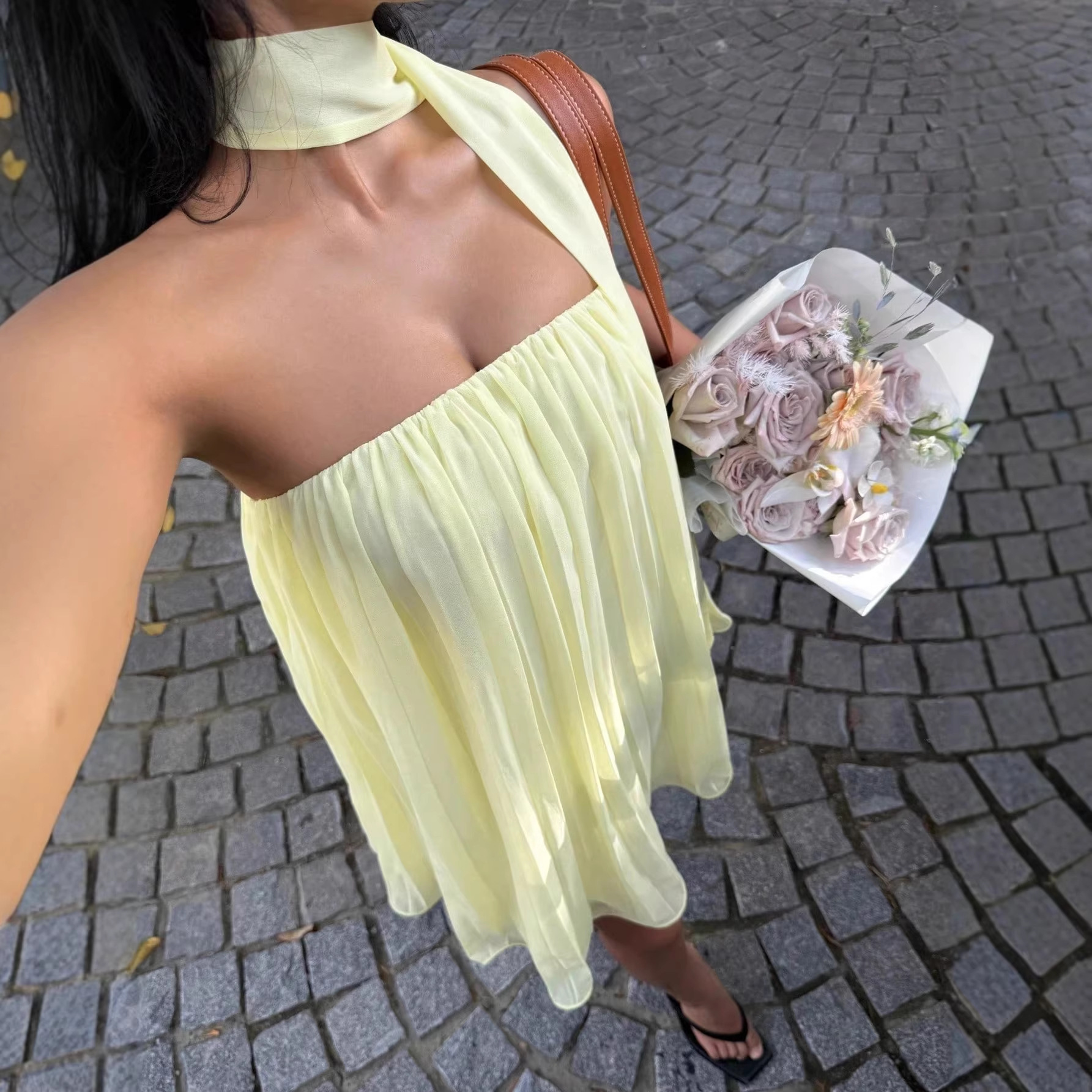 Women's Backless Chiffon Dress Halter Neck Sleeveless Bubble Hem Mini