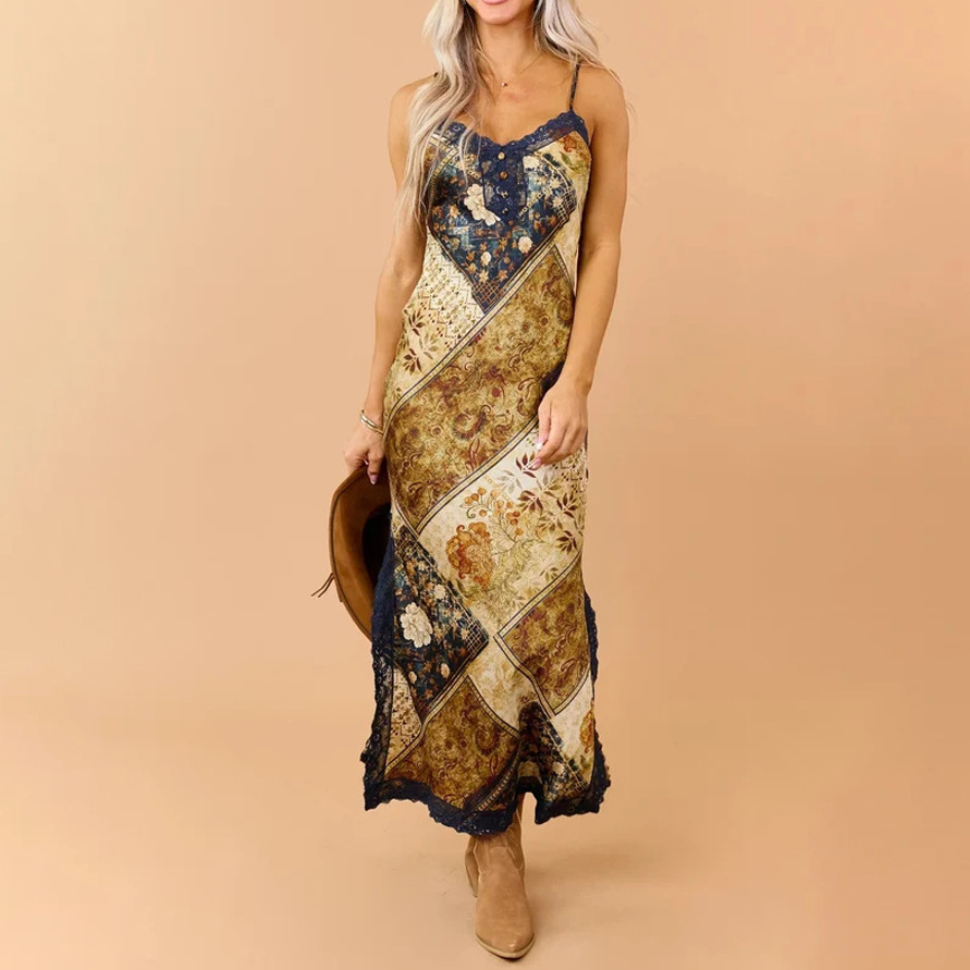 Women's Sleeveless Slip Dress Elegant Floral Print Long A-Line