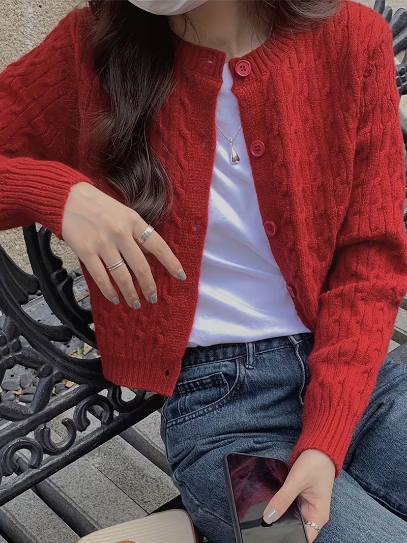 Cable-Knit Cropped Cardigan Sweater for Women Crew Neck Long Sleeve