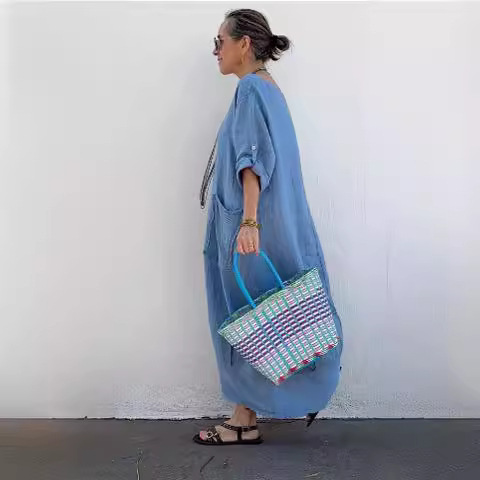 Cotton-Linen Women's Summer Casual Solid Crewneck Long Dress with Pockets