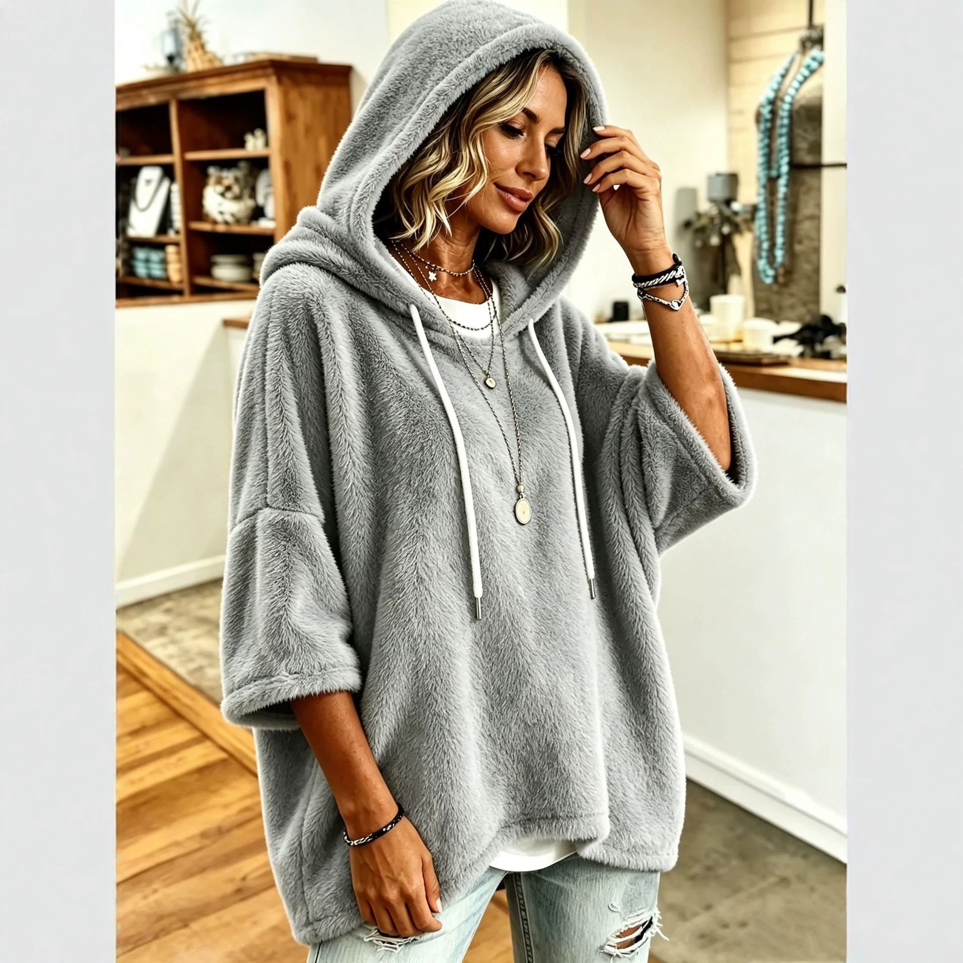 Women's 3/4 Sleeve Solid Hooded Sweatshirt Casual Pullover Gray