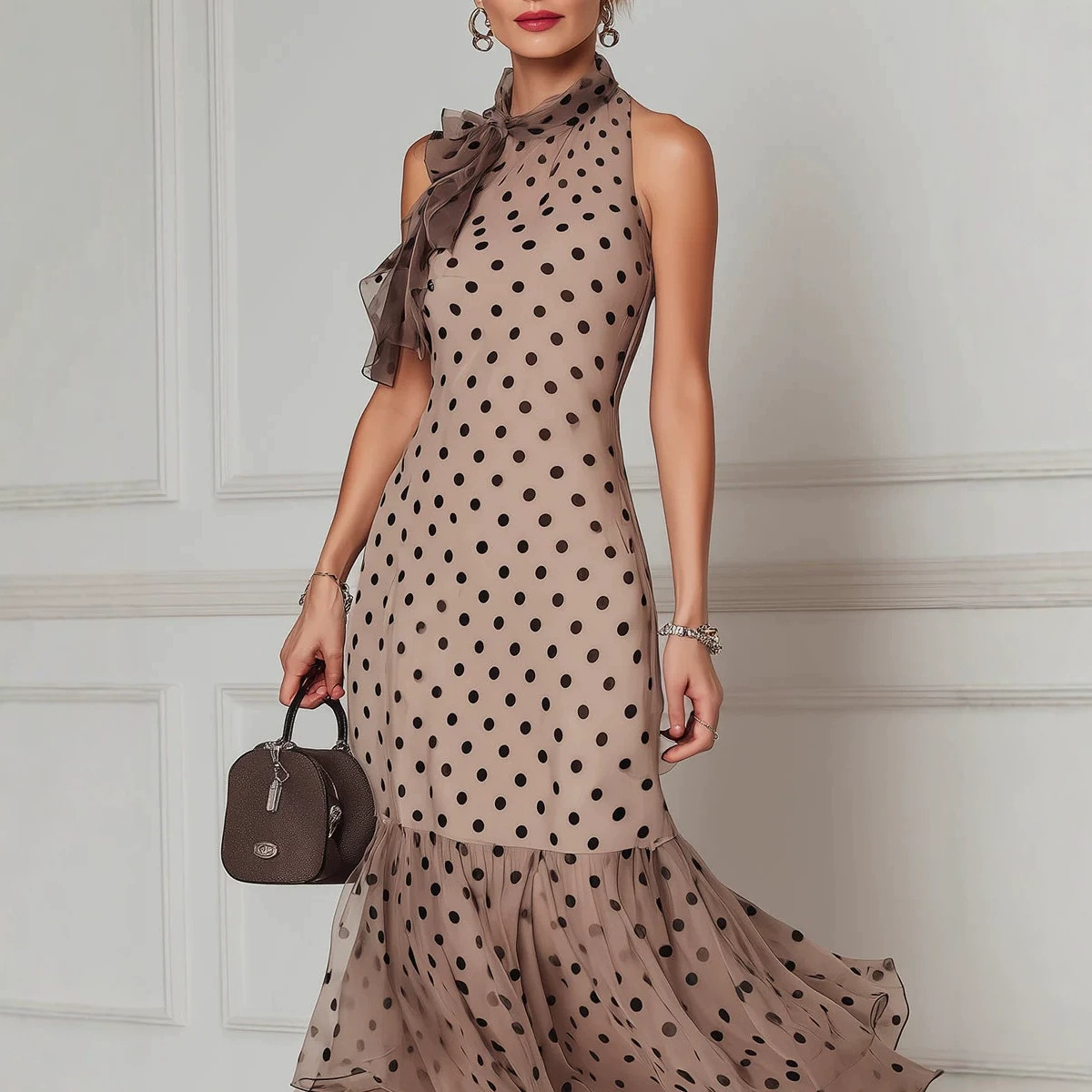 French Halter Tie-Bow Polka Dot Mesh Sleeveless Cinched Waist Mermaid Hem Long Dress