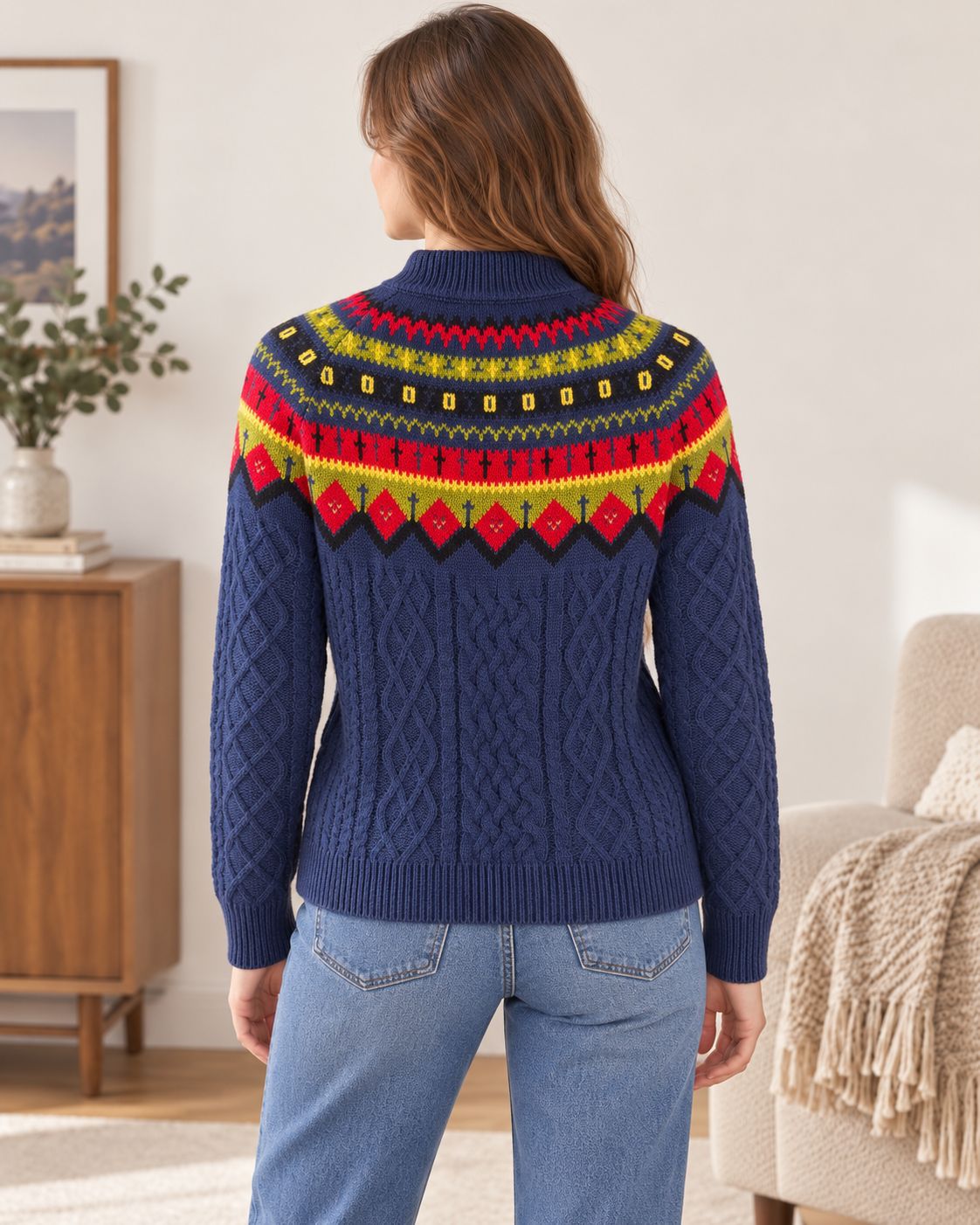 Fair Isle Jacquard Cable Knit Half-Turtleneck Sweater Women Loose Pullover