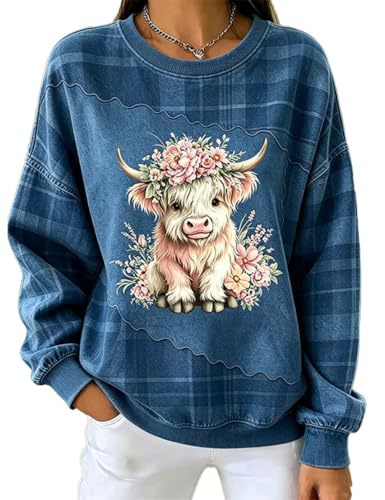 Women's Bull Head Floral Print Crewneck Sweatshirt Casual Pullover