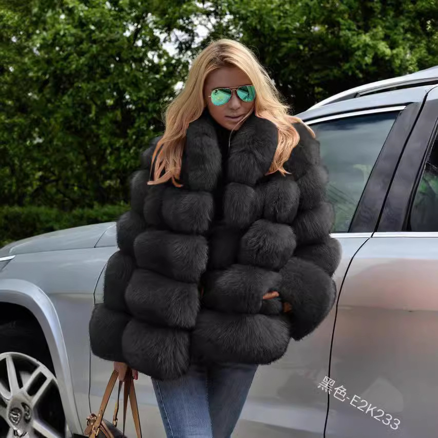 Women's Loose Faux Rabbit Fur Mid-Length Coat Solid Color Crew Neck