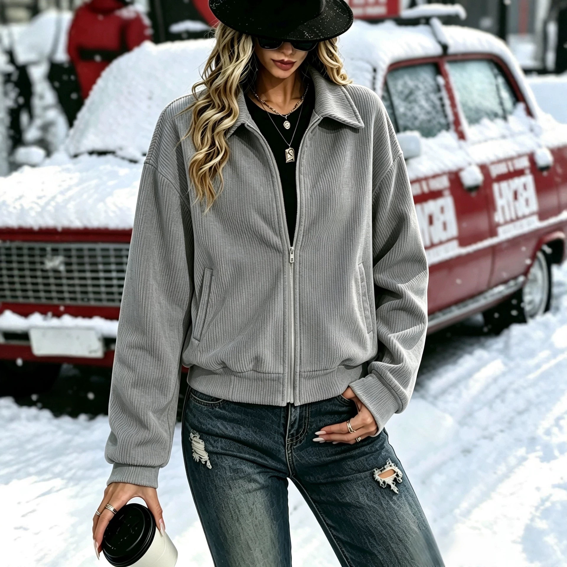 Women's Corduroy Collared Zip Jacket Casual Commuter