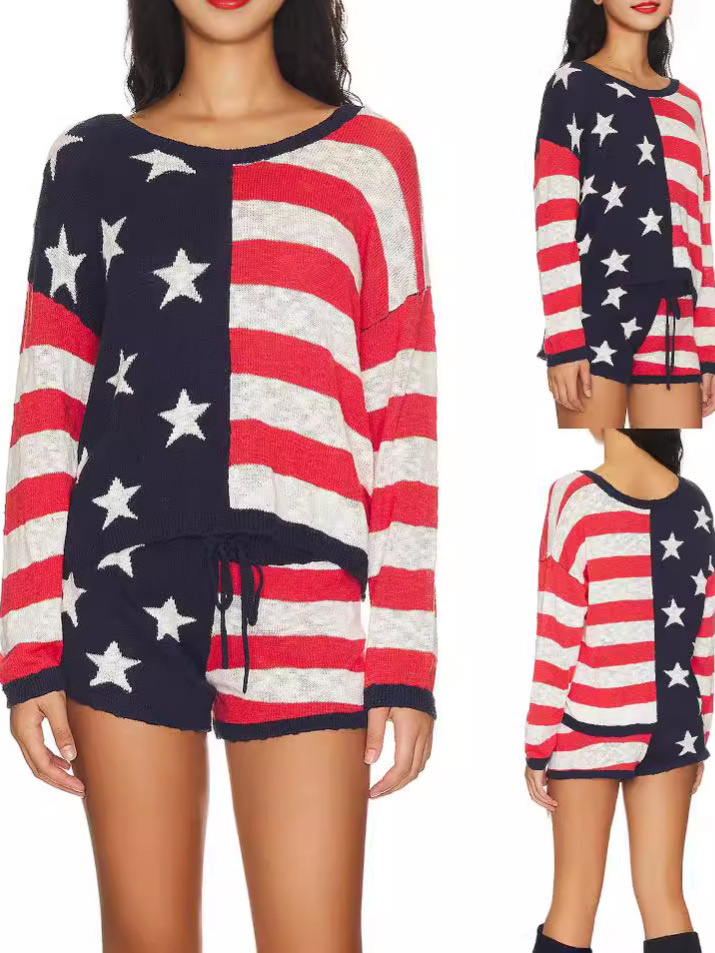 Women's Star Colorblock Striped Knit Long-Sleeve Sweater & Shorts Set