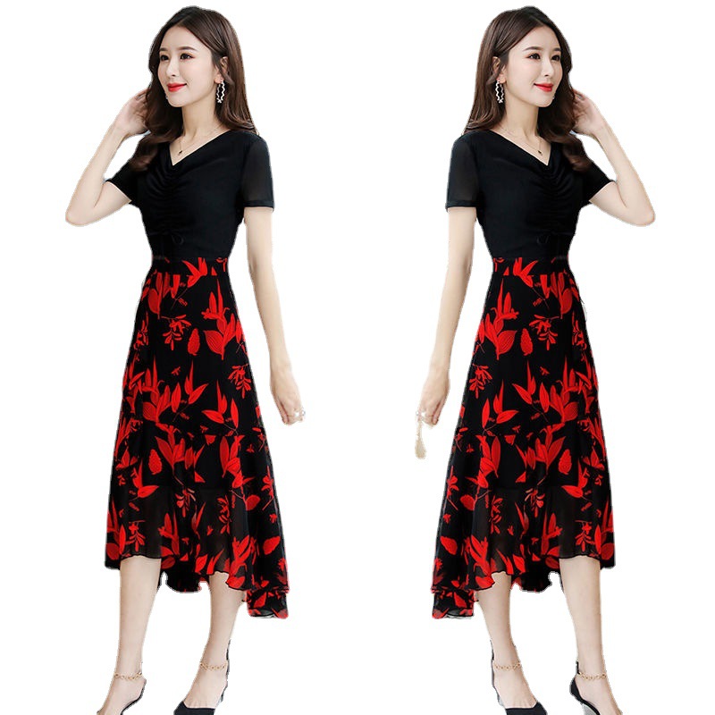 Women's V-Neck A-Line Midi Dress with Waist-Cinching Color-Block Print