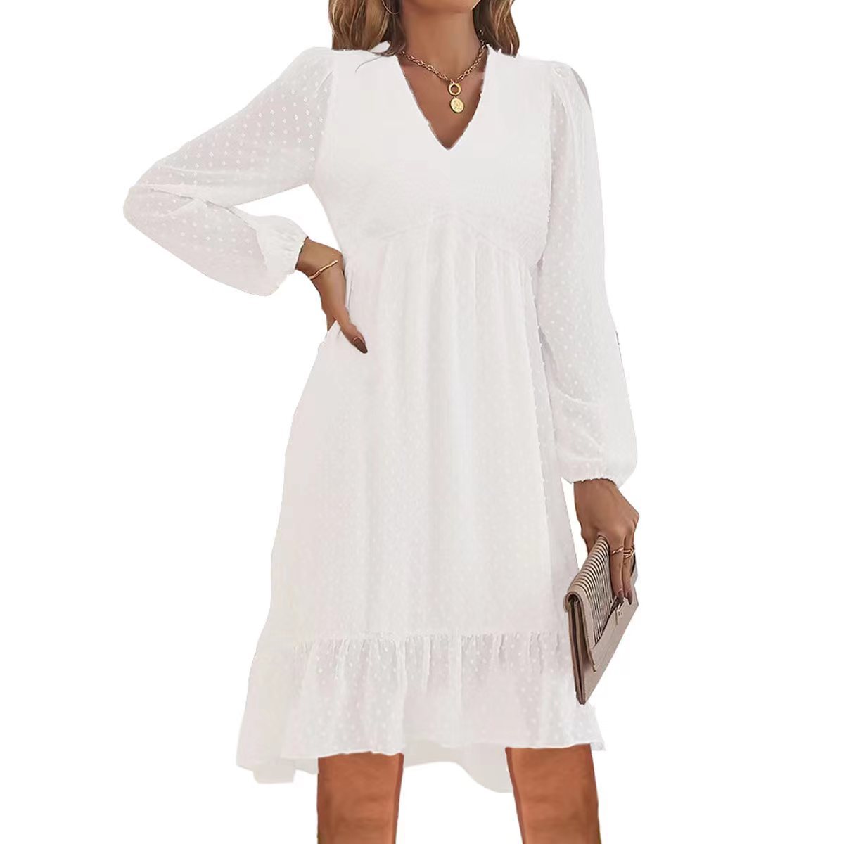 V-Neck Long Sleeve High Waist A-Line Jacquard Dress