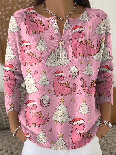 Women's Christmas Dinosaur Forest Print Button Sweatshirt