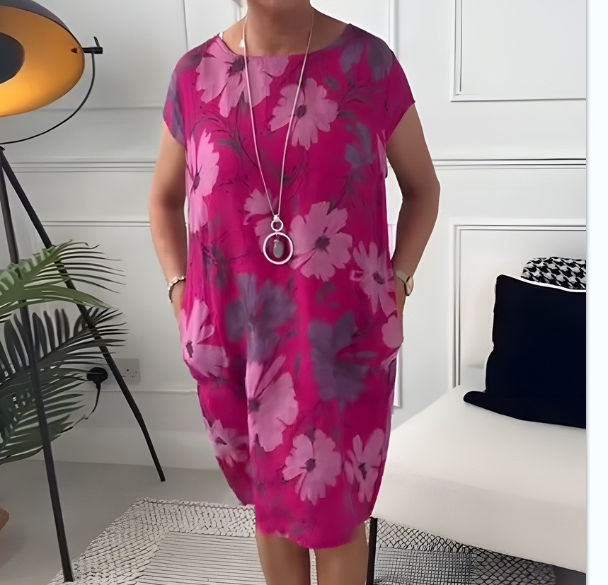 Floral Print Round Neck Loose Dress with Pockets