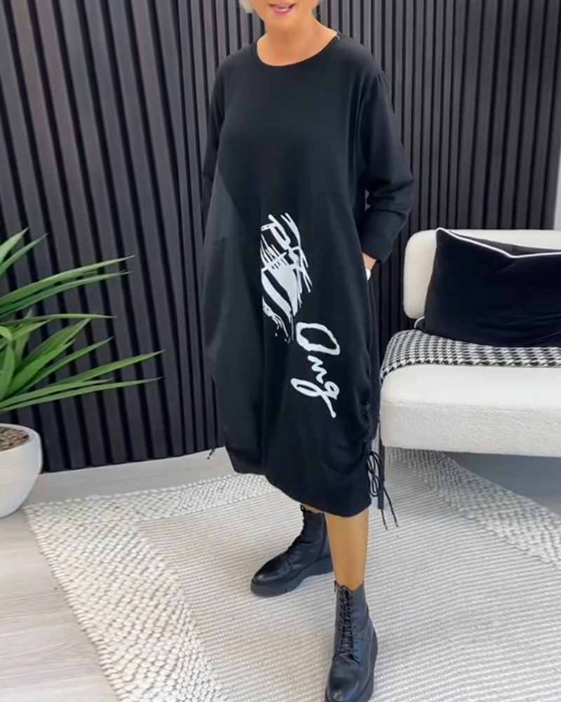 Women's Printed Long Sleeve Round Neck Drawstring Dress with Pockets