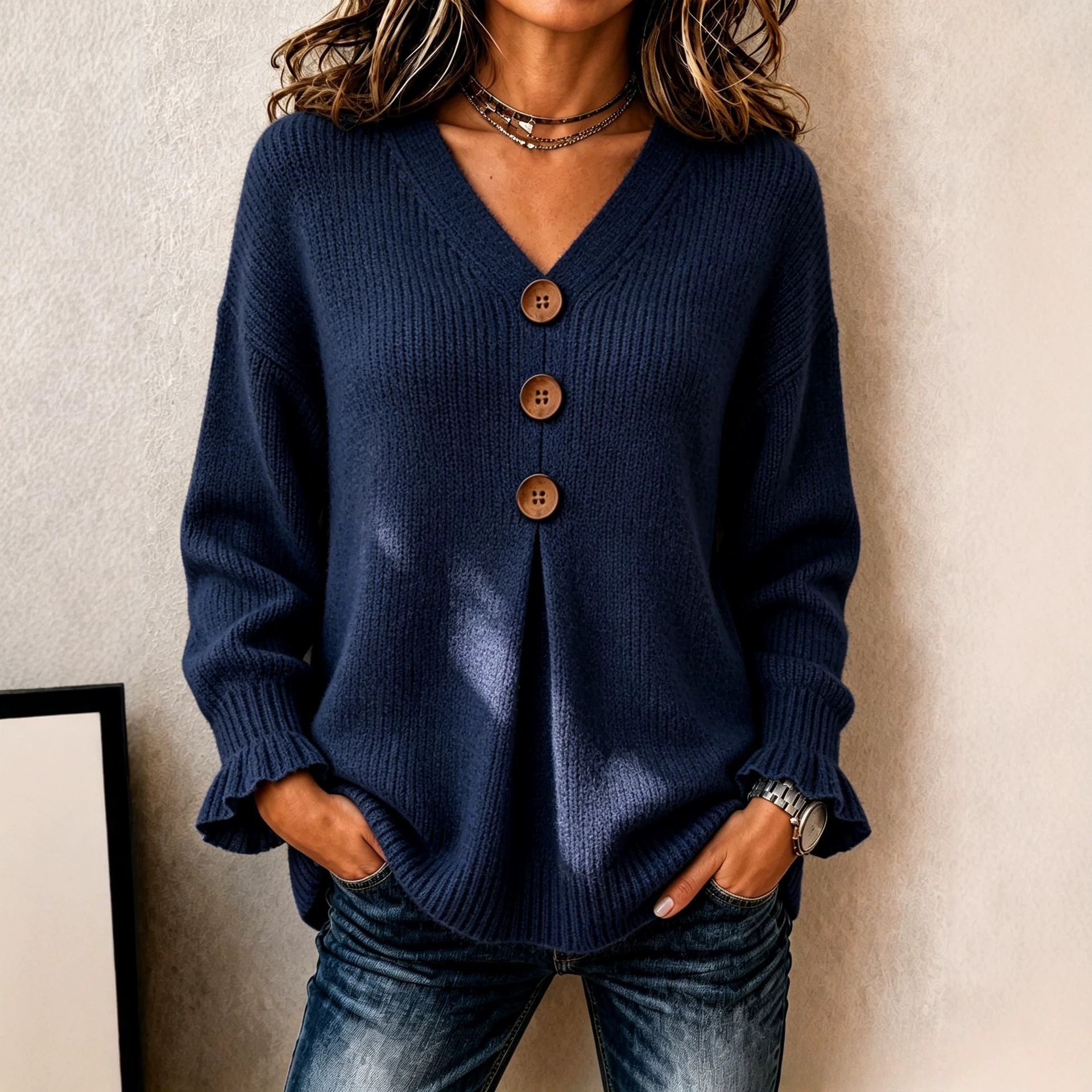 V-Neck Button Knit Sweater with Ruffle Cuffs Loose Relaxed Fit