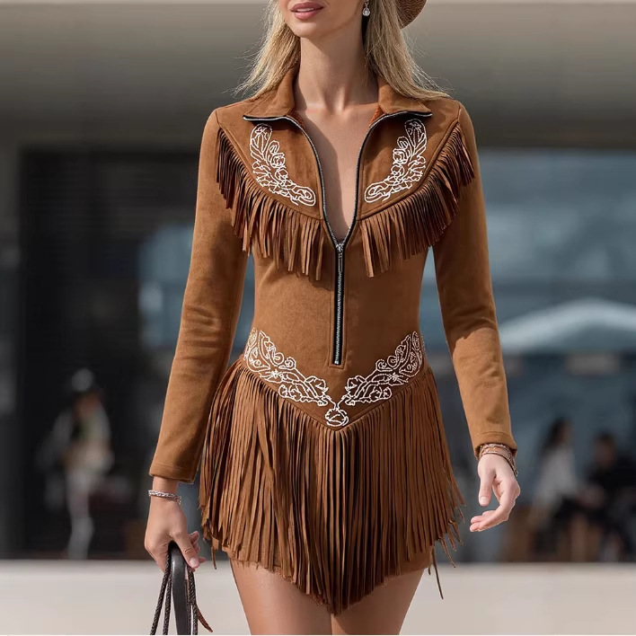 Retro Western Embroidered Fringe Faux Suede Mini Skirt