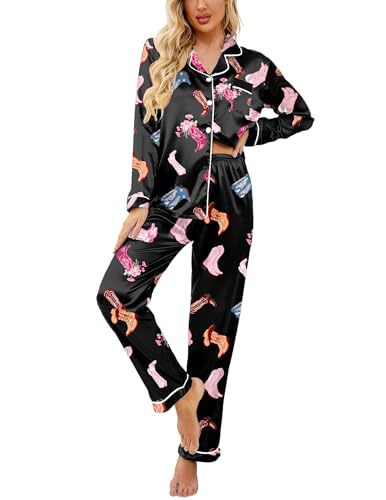 Women's Cuban Collar Butterfly Christmas Sock & Hat Print Long Sleeve Shirt Set