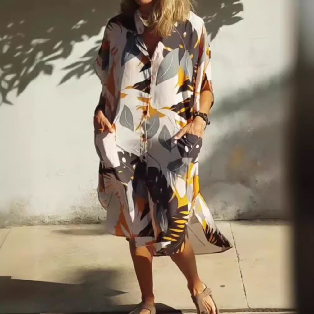 Maple Print Button-Front Midi Dress with Pockets