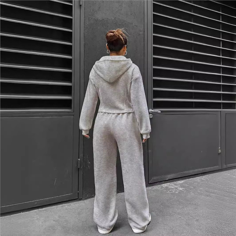 Women's Hooded Zip-Up Sweatshirt and Wide-Leg Pants Two-Piece Set