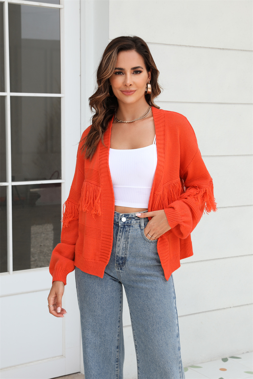Women's Short Knit Cardigan with Fringe Trim
