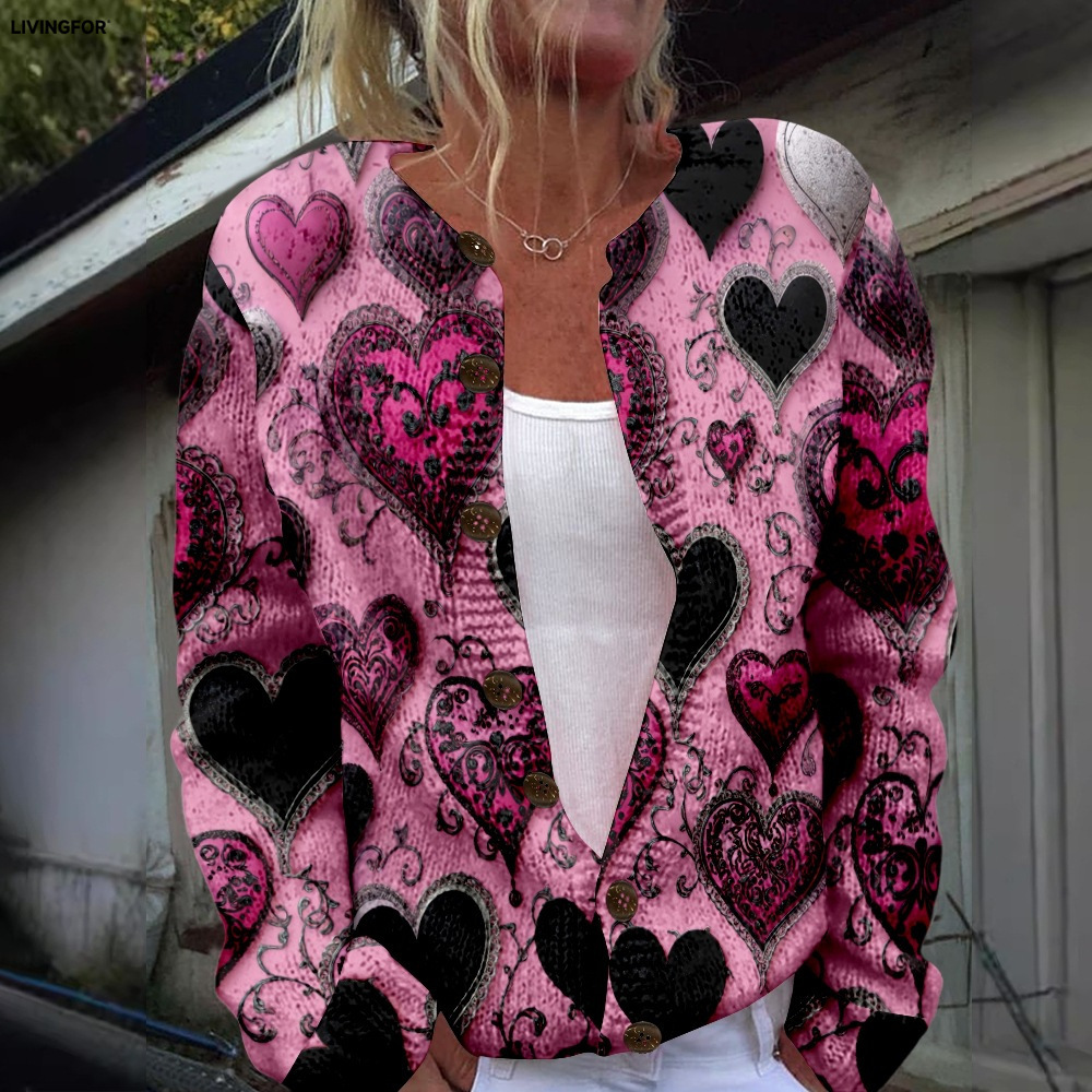 Women's Heart & Flower Print Button Cardigan Sweater