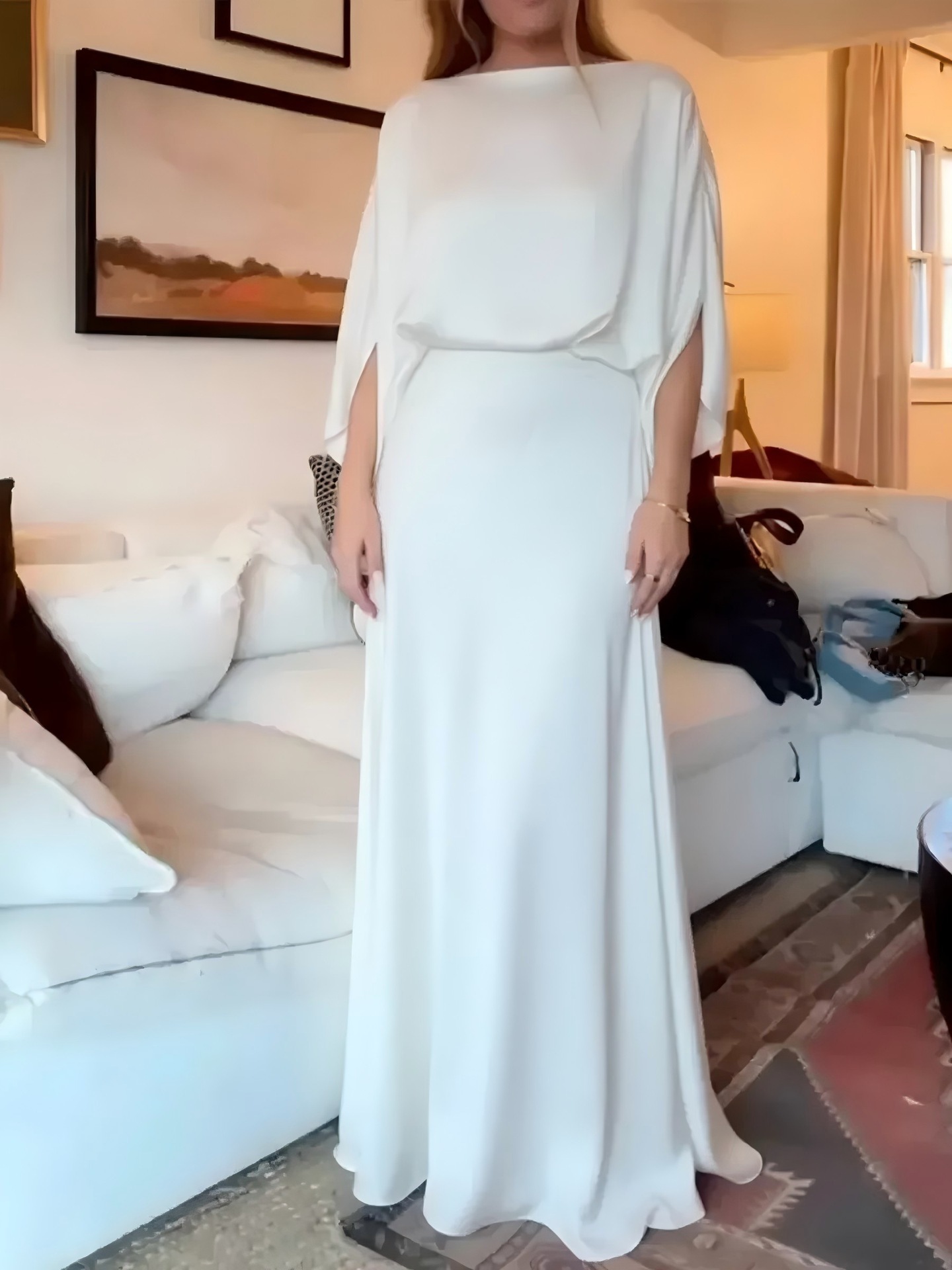 Women's Satin Bodycon Long Dress with Off-Shoulder Neckline and Flutter Sleeves