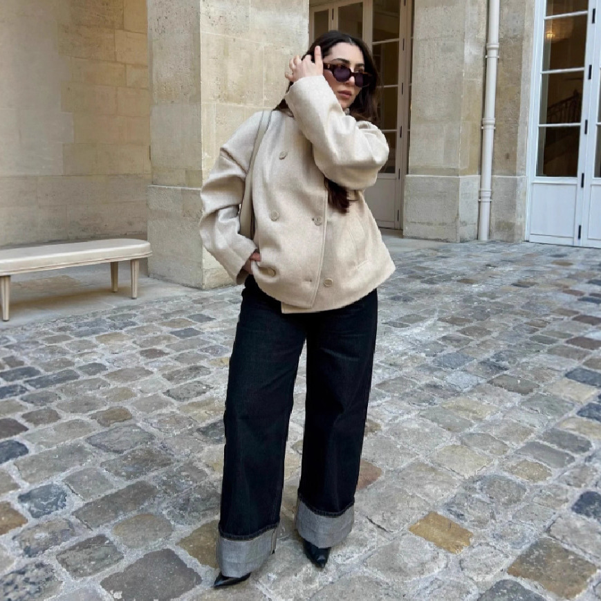 Women's Stand Collar Double-Breasted Long Sleeve Solid Wool Coat