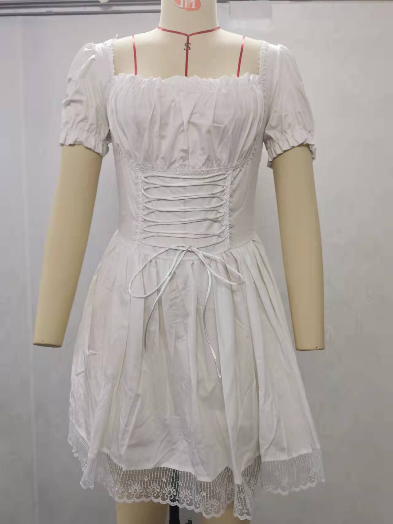 Lace Trim Solid Color Sweet Puff Sleeve Princess Dress