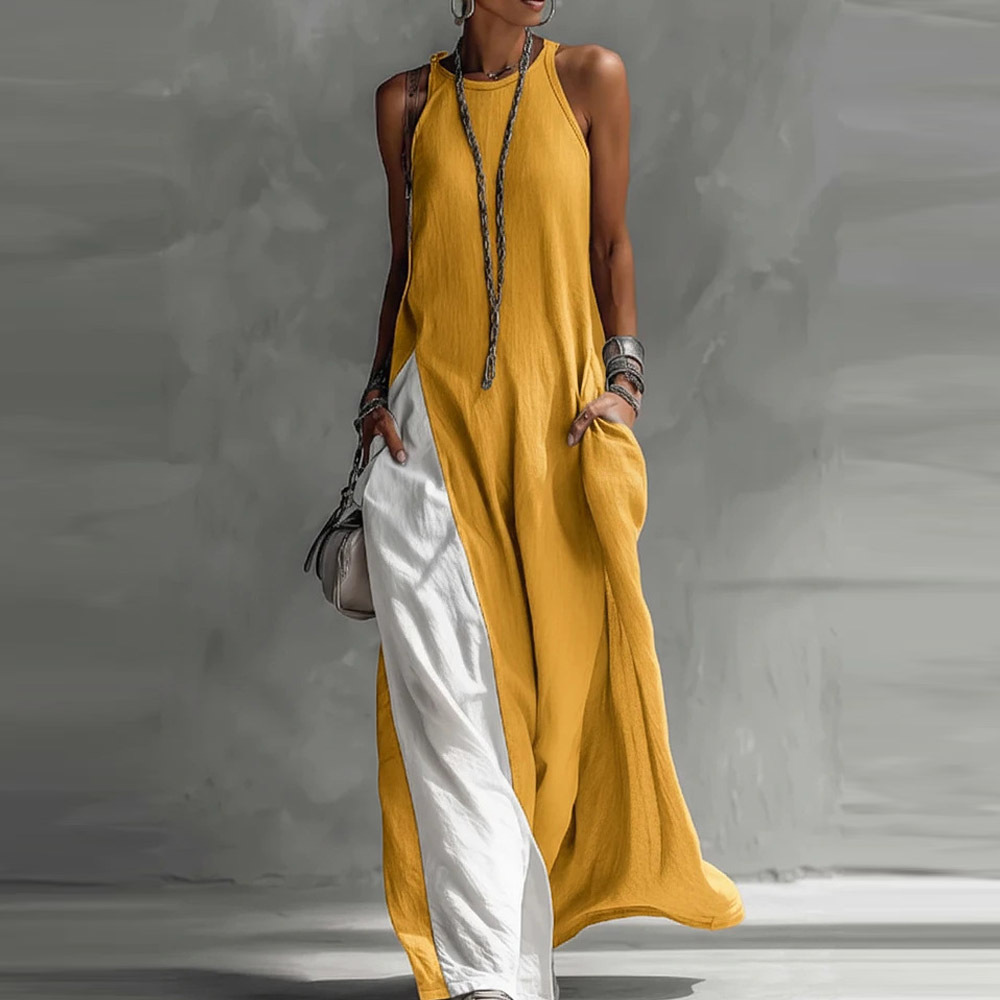 Women's Sleeveless Off-Shoulder Loose Colorblock Dress with Pockets