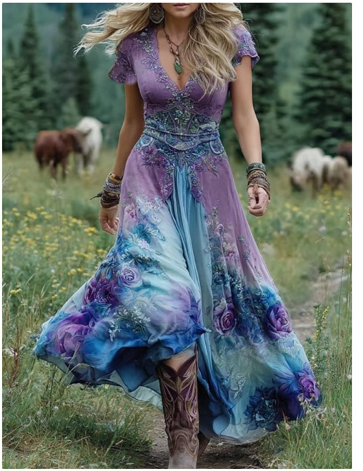 Plus Size Loose Fit A-Line Dress with Creative Totem Print, Deep V-Neck Short Sleeve