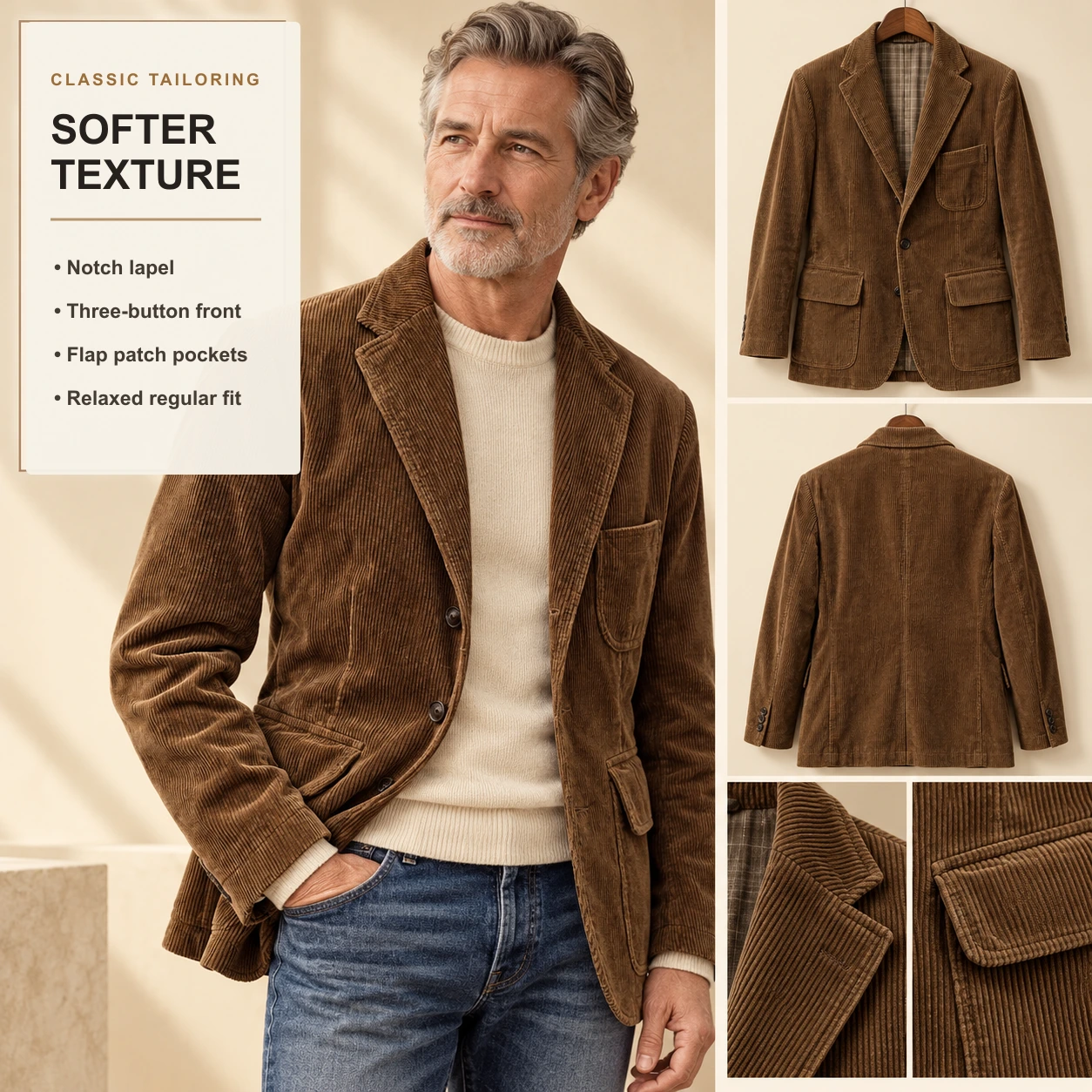 Men's Corduroy Suit Blazer Casual Loose Fit Jacket