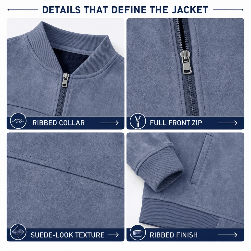 Suede-look bomber jacket construction details