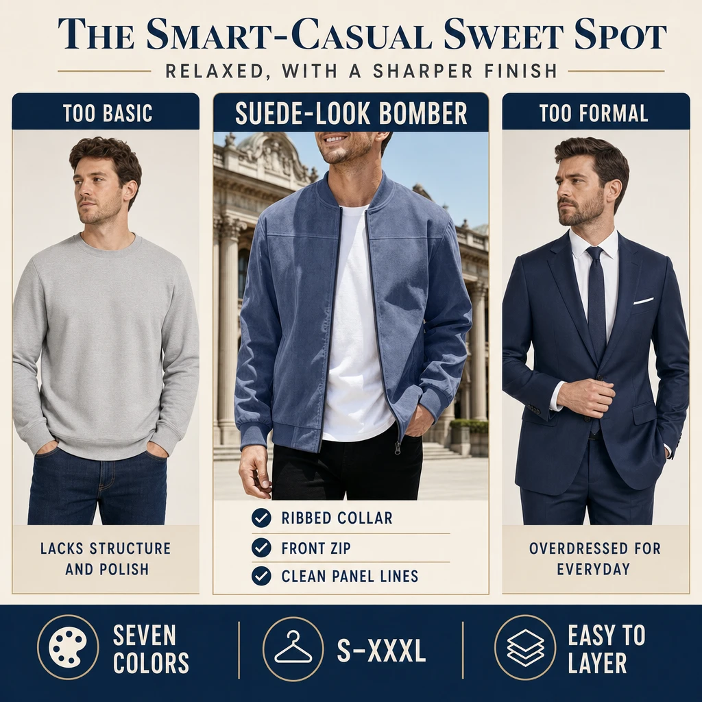 Navy suede-look bomber jacket smart-casual comparison